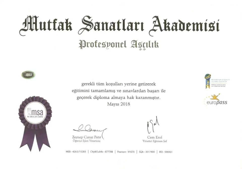 Profesyonel Aşçılık Belgesi